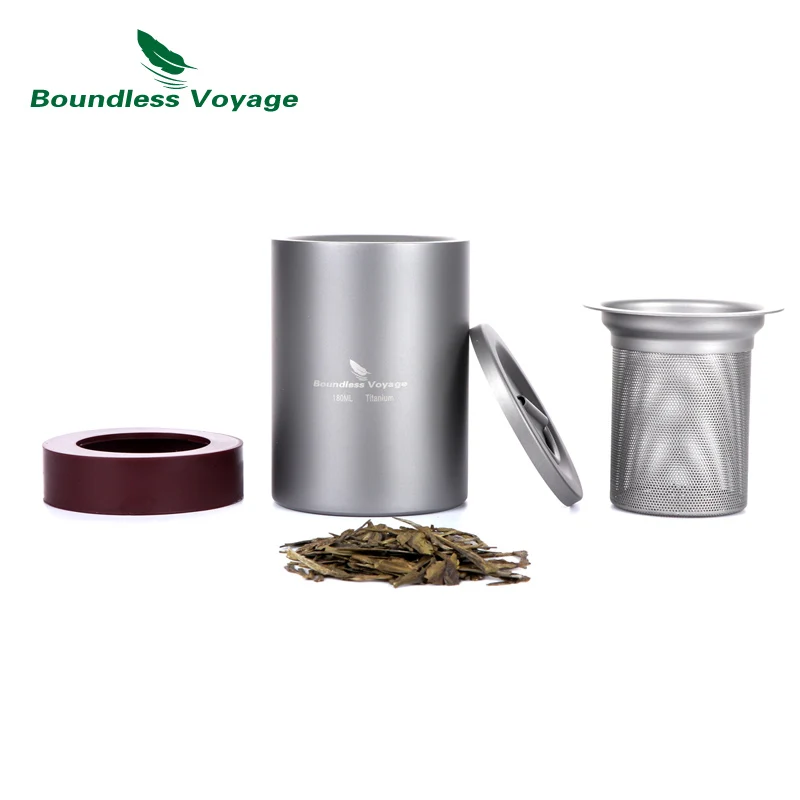 

Boundless Voyage 180ml Titanium Double Layer Tea Cup Outdoor Camping Tea Set with Tea Filter,Lid,Drawstring bag Ti1501B