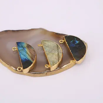

6pcs Natural Labradorite Pendant Charms Connector, Gold color Half-round shape Stone Labradorite Pendant