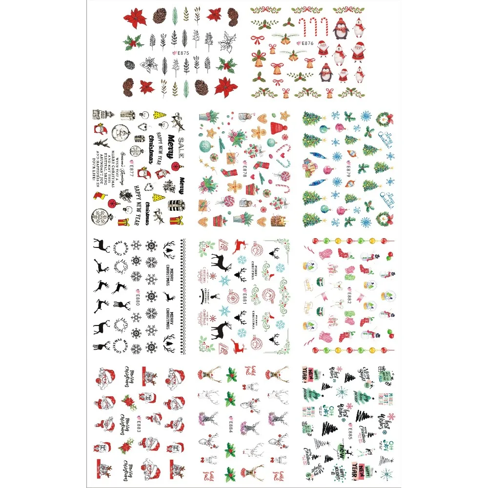 

11 PCS / LOT SIMULATION SELF-ADHESIVE 3D NAIL TATTOOS STICKER FLOWER CHRISTMAS XMAS SOCKS POTTED PLANT BELL SANTA E875-885