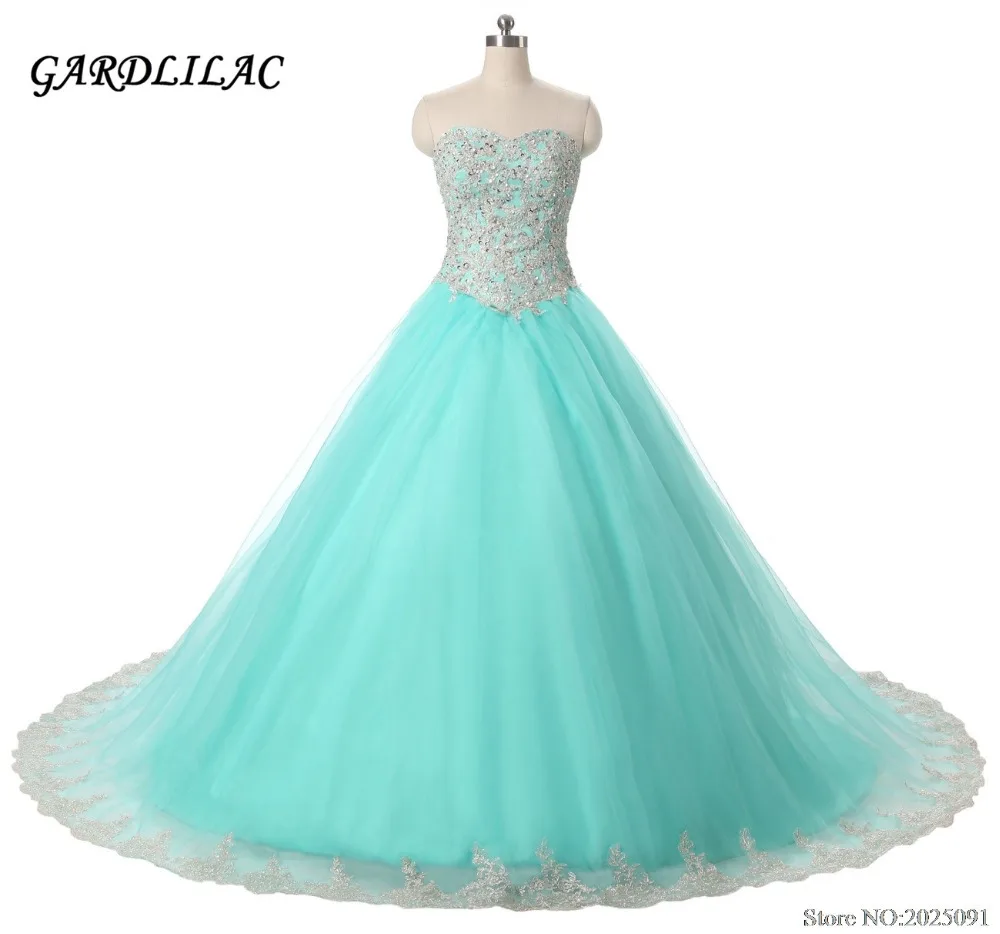 

2017 New Sweetheart Mint Green Quinceanera Dresses Tulle with Appliques Sweet 16 dresses Ball Gown Long Prom Dresses with Train