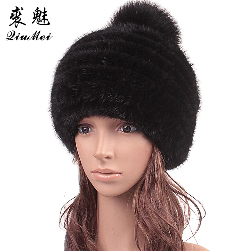 

QiuMei Real Fur Beanie Hat for Women With Fluffy Fox Fur Pompom Ball Hat Casual Female Caps Winter Russian Hats Fur Genuine