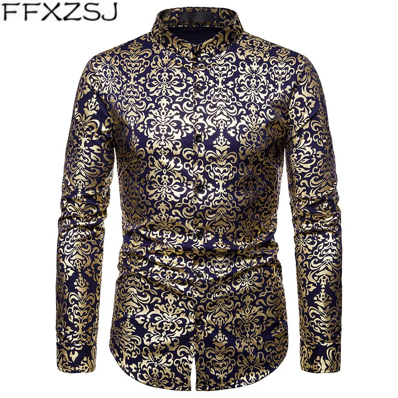 Shiny Gold Floral Print Mens Shirts Casual Slim Fit Long Sleeve Mandarin Collar Shirt Men Club Party Bronzing White Shirt Camisa