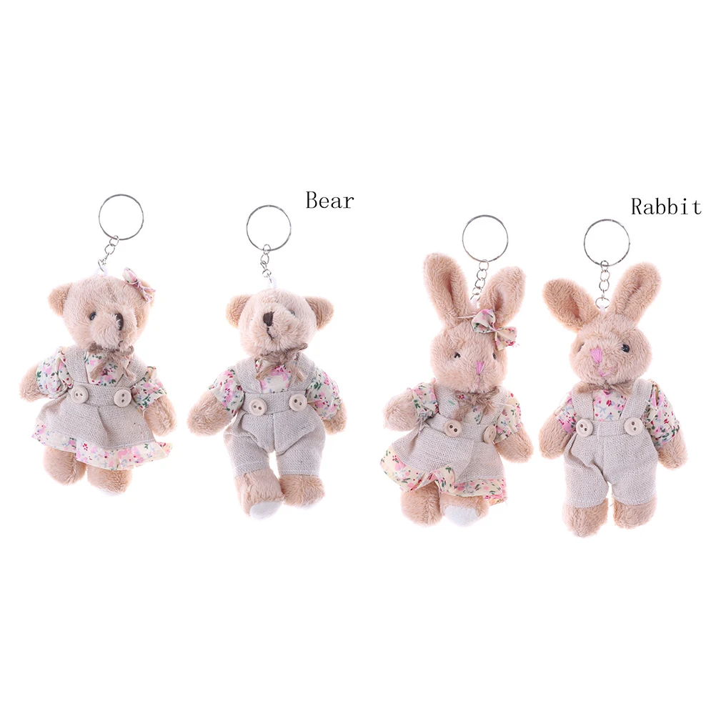 

1 Pair Couple Bear Rabbit Plush Keychain Floral Cloth Bear Rabbit Bunny Dolls Key Bag Pendants Lovers Friends Gift 11cm