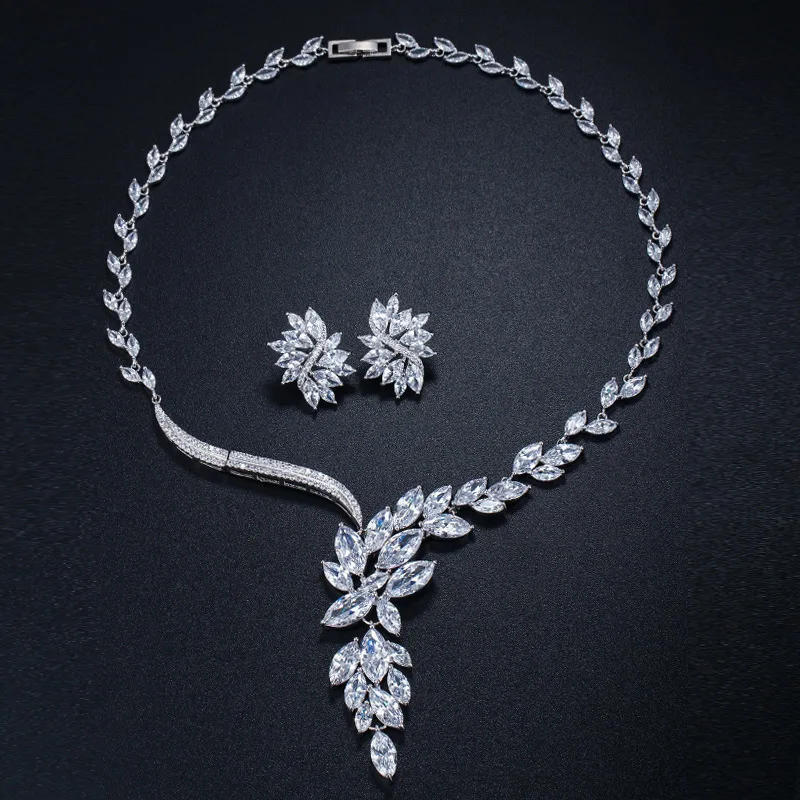 

Free Shipping Designable Women Costume Jewelry Leaf Shape Cubic Zirconia Wedding Stud Earrings Necklace Sets For Brides