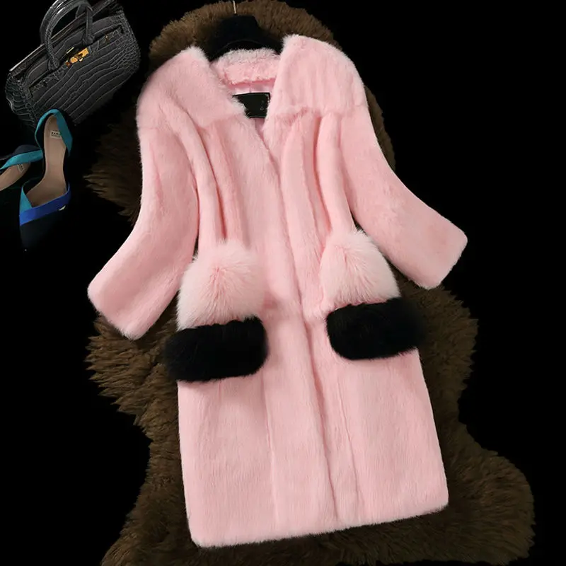 Роскошное Женское пальто из натурального кроличьего меха, куртка из лисьего меха с карманами, осенне-зимний женский меховой Тренч, верхняя одежда, пальто, одежда VF1084