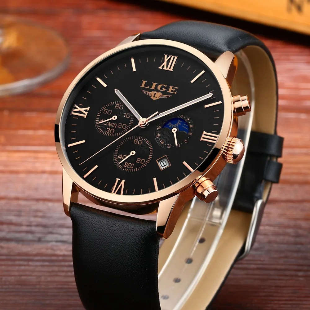 2017 Men Watches Luxury Top Brand LIGE Sport Chronograph Fashion Male Dress Leather Belt Clock Waterproof Quartz WristWatch Mens