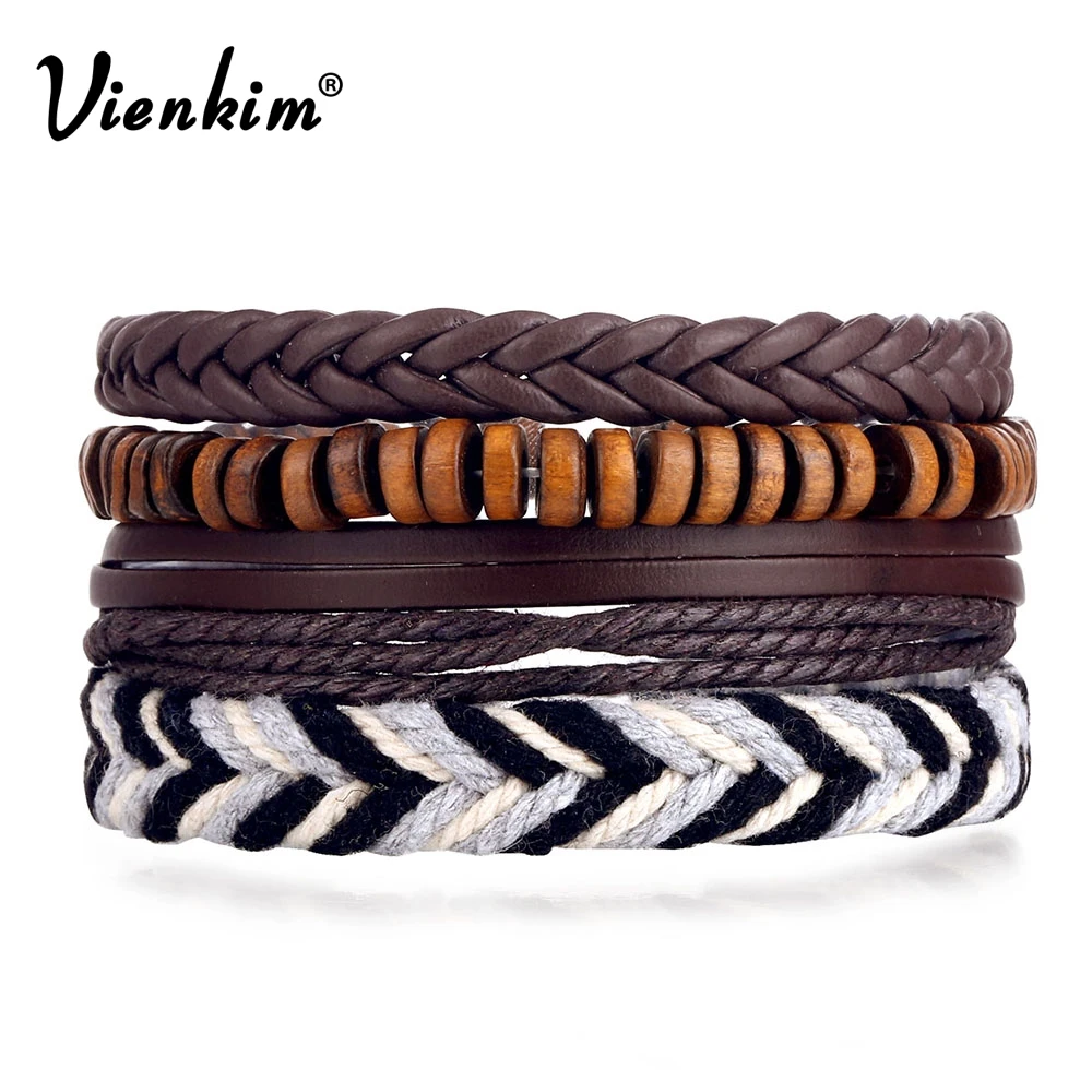 

Vienkim Fashion Handmade Wood Beads Leather Bracelet Set Female Classic Weave Rope Bracelets For Men Women Jewelry Hand Homme