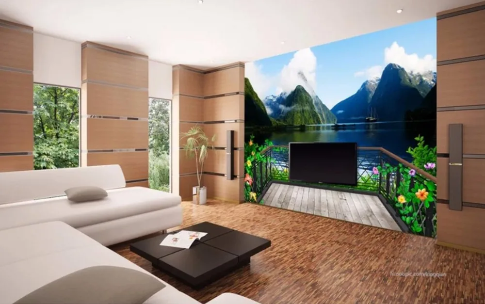 Customized 3D Balcony Beautiful Scenery Landscape Mural Wallpaper for Living Room - TV Background Wall image 3