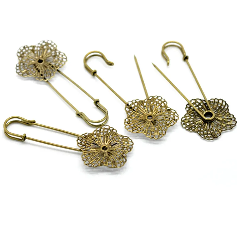 50Pcs Bronze Tone Flower Hollow Safety Pins Brooches Crafts DIY
