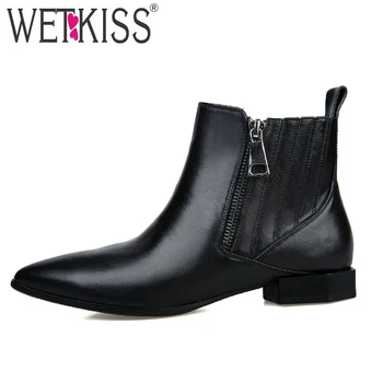 

WETKISS Thick Boots Autumn Women Ankle Boots Fashion Strange Style Shoes Ladies Genuine Leather Short Plush Pointed Toe Footwear