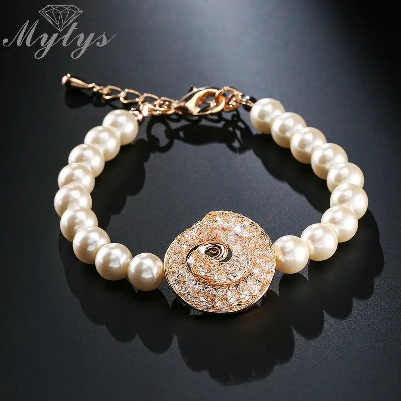 

Mytys Pearl Beaded Bracelet Gold Mesh Crystal Pearl Strand Bracelets With Extender High Quality Female Jewelry Fashion B1079
