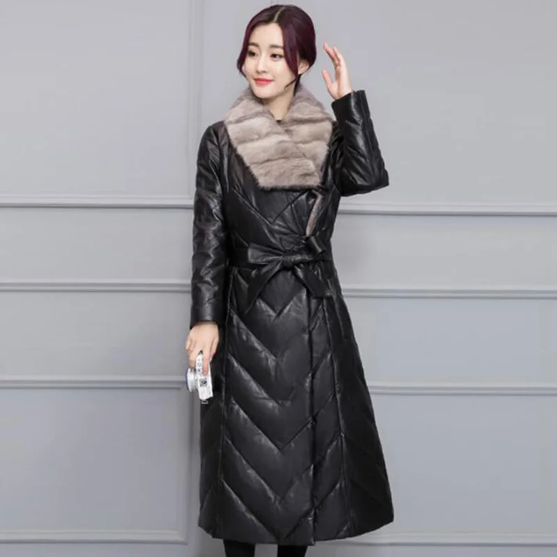 2018 Women Winter Leather Down Jacket New Big Fur Collar Faux Leather Slim Long Duck Down Coat Elegant Women Overcoat Plus Szie