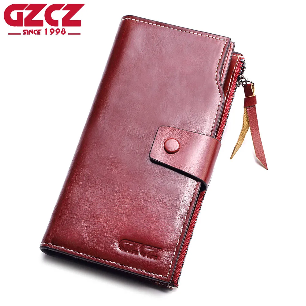 

GZCZ Genuine Leather Women Wallet Female zipper Long Walet clamp for money Coin Purse Clutch Card Holder Vallet Portomonee Handy