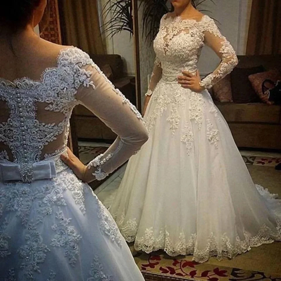 

Luxury Scoop Long Sleeves Tulle Sequins Crystal Peral Beaded Lace Applique Ball Gown Wedding Dresses Court Train Lace Bride Gown