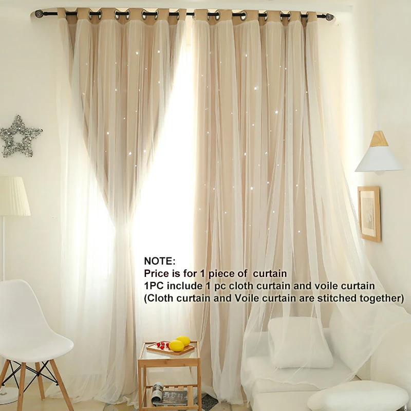 NORNE Hollow Star Thermal Insulated Blackout Curtain for Living Room Bedroom Window Drape Blinds Stitched with White Voile