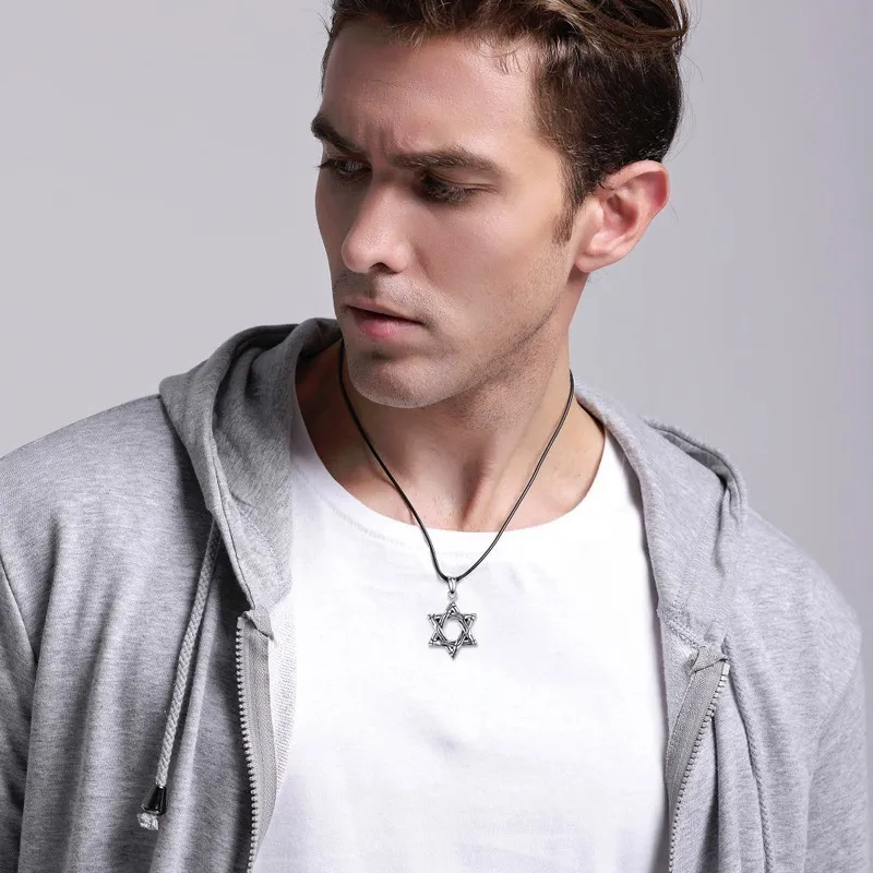 

Mprainbow Mens Necklaces Stainless Steel Star of David Pendants Choker Necklace for Men Black Rope Chain Vintage Jewelry 2017