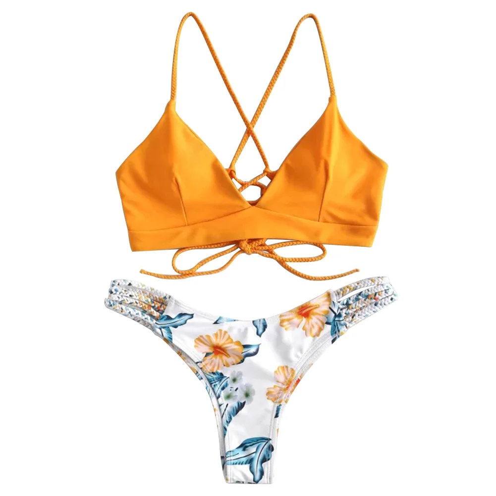 

Bra And Briefs Holiday Braided Flower Swimwear Lace Up Sexy Criss Cross Elastic Bikini Set Wire Free Spaghetti Strap Padded