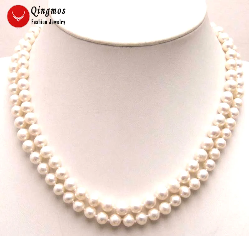 Qingmos розовый натуральный жемчуг ожерелье для женщин с 6-7 мм круглый пресноводный жемчуг 2 нити 17-1" Чокеры ожерелье ювелирные изделия 5423 - Окраска металла: White