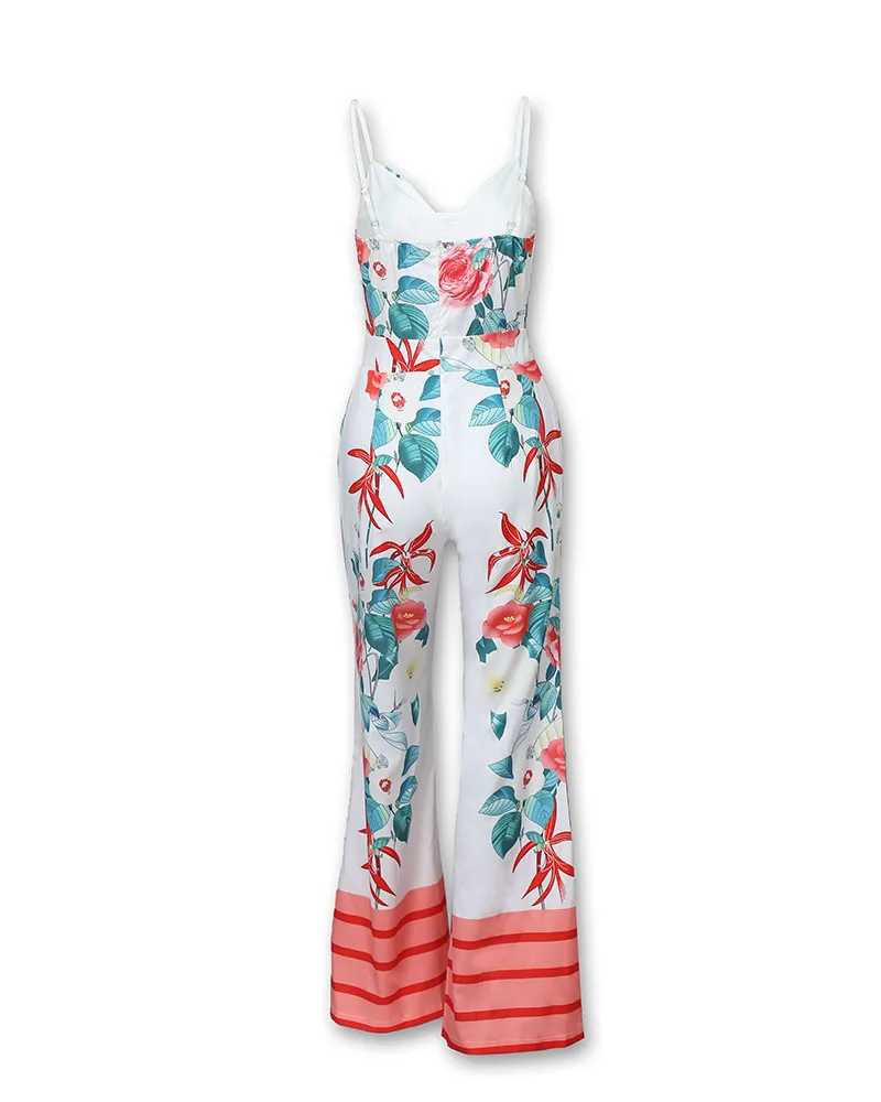 Floral Print Summer Office Jumpsuits Women Buttons Design Sexy Long Jumpsuit Rompers Wide Leg Long Pants Overalls