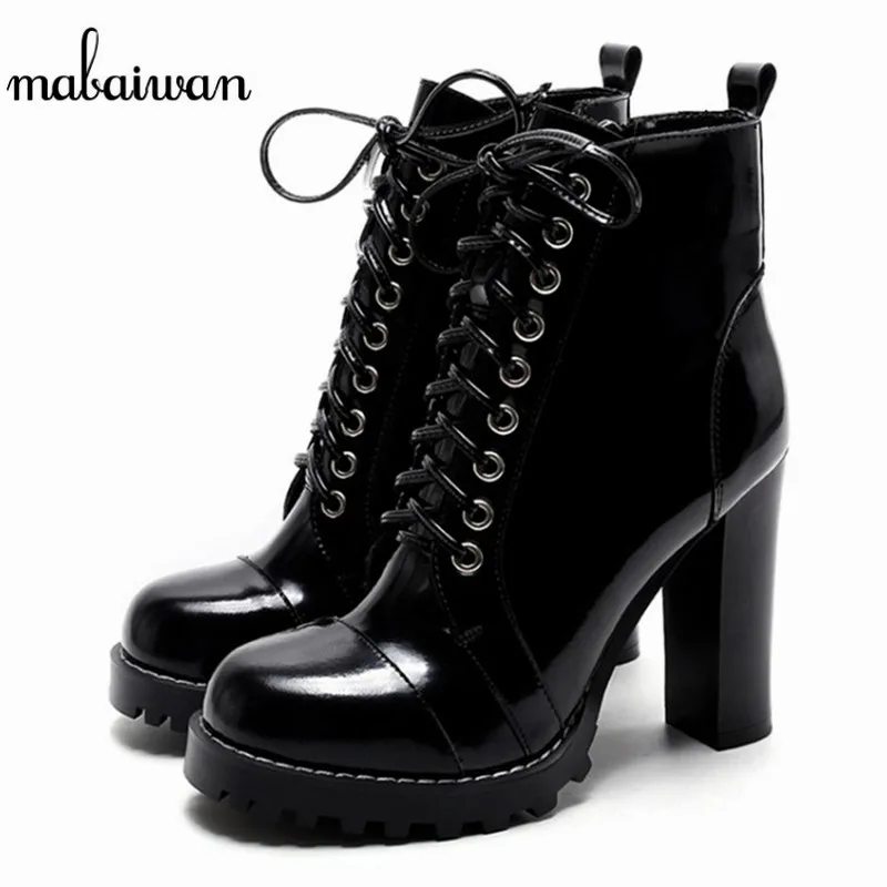 Mabaiwan 2017 Black Women Patent Leather Ankle Boots Chunky High Heel ...