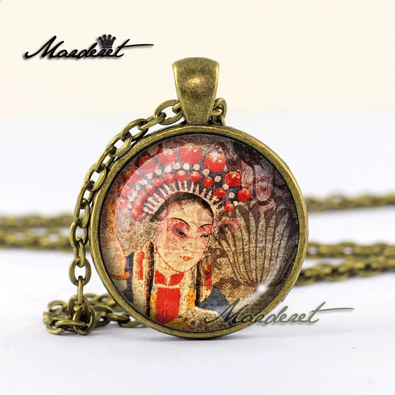 Maderet Vintage Beijing Opera Art Glass Cabochon Necklace Handmade Jewelry Dome Gear Round Retro Pendant | Украшения и аксессуары