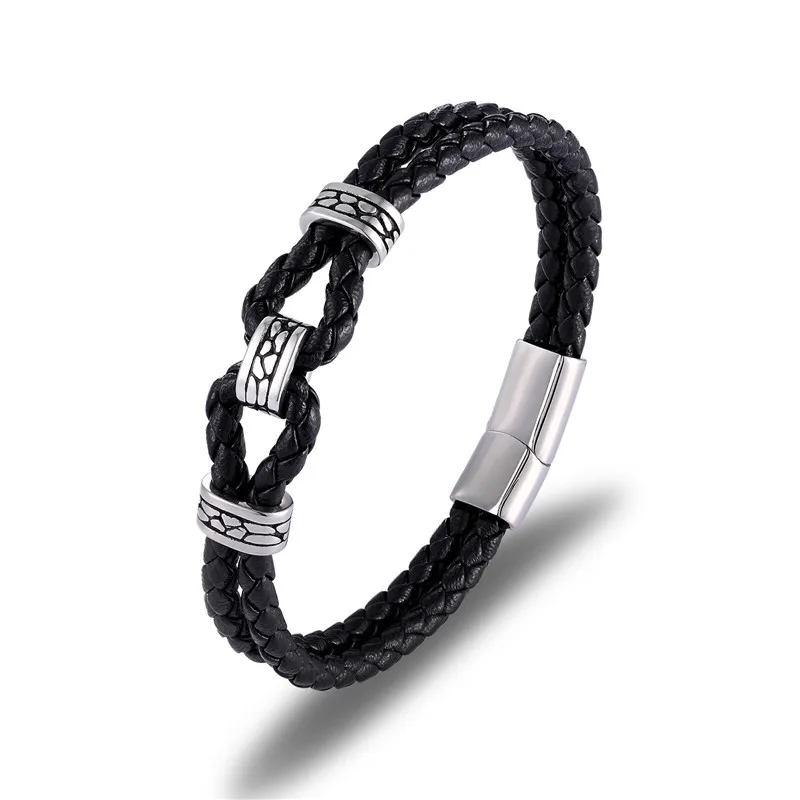 Charm Braided Genuine Leather Bracelets Bangles for women Friendship Bracelet Men Stainless Steel Magnet Buckle homme jewelry - Окраска металла: Black