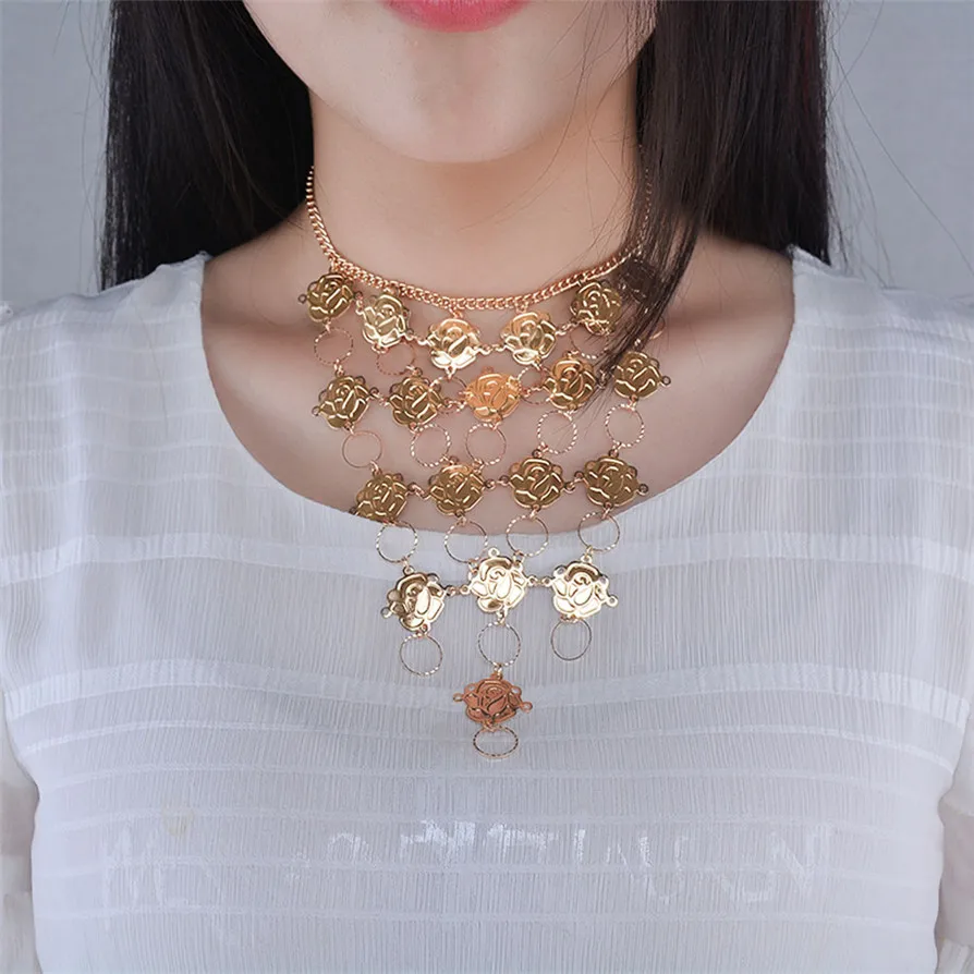 

2 Colors Necklaces 2018 Fashion Rose Flower Metal Boho Beach Bib Coin Necklace Women Tribal Drop Shipping High Quality jc25