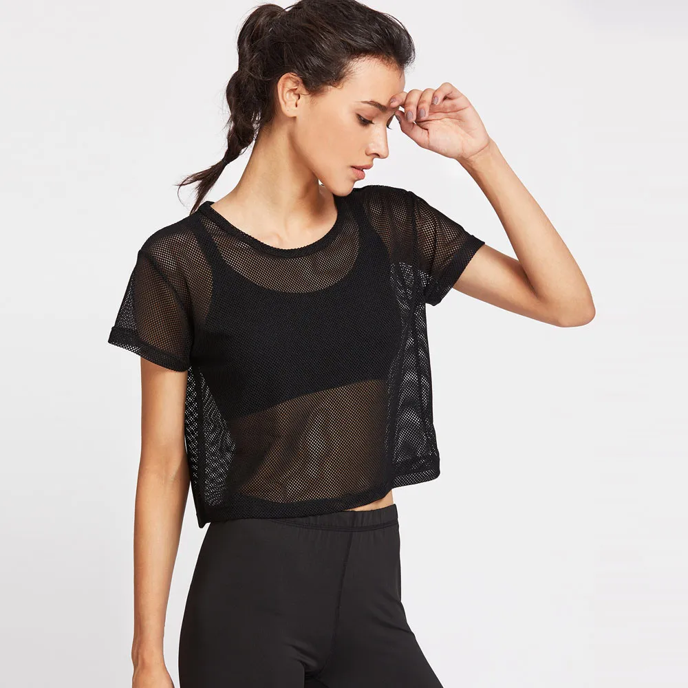 

Women Black Mesh Cover Up Sports Casual Tees Meshed Top Dancing Fitness T-Shirt Tops