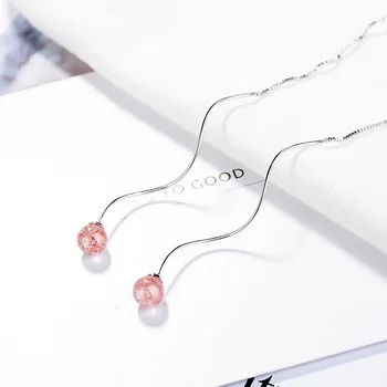 

Fashion Pink Strawberry Quartz Women Birthday Gift 925 Sterling Silver Lady Long Tassel Stud Earrings Jewelry Drop Shipping