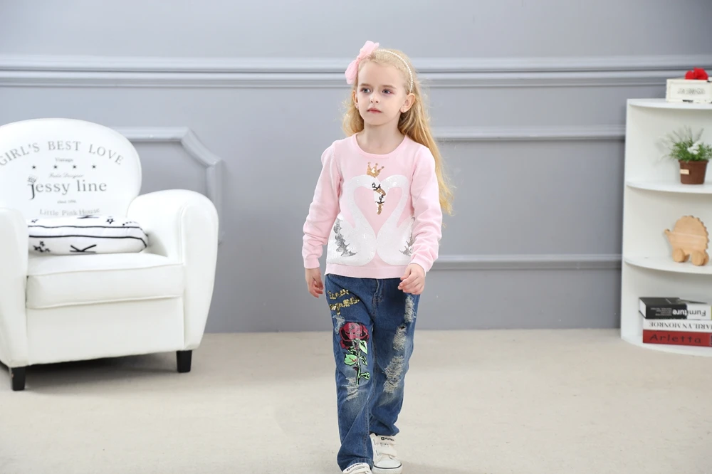 AiLe Rabbit/новая одежда для девочек, костюм, рубашка, штаны джинсы с блестками и рисунком лебедя, с дырками, с розами модные эксклюзивные детские топы, k1