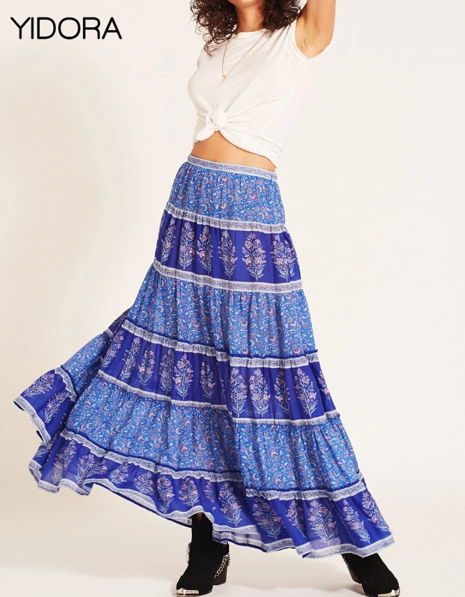 

New 2018 Women Blue Boho Style High Waist Floral Print Contrast Patchwork Swing Skirt - Ladies/Female Elastic Waist Beach Skirt
