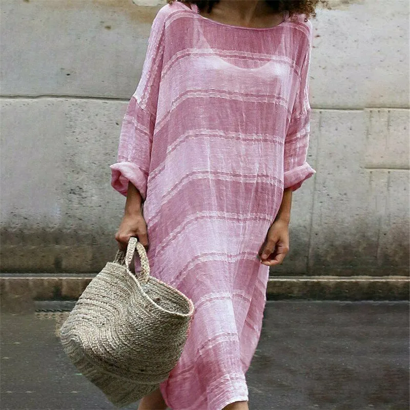 

Striped Print Dress 2019 Spring Boho Style Women Sexy Slash Neck Long Sleeve Bohemia Loose See Through Midi Dress Plus Size 3XL