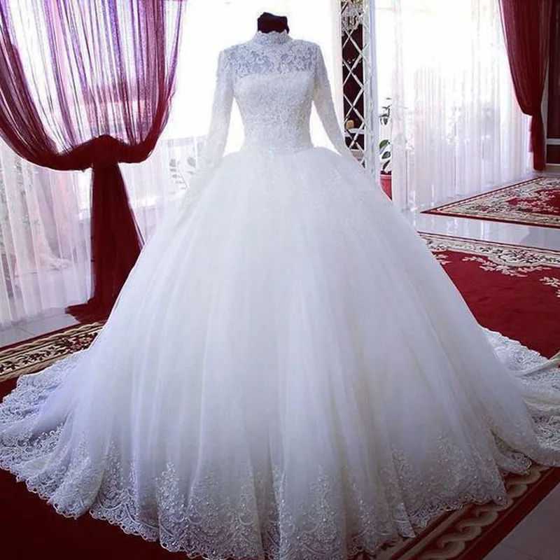 Long Sleeve Muslim Dubai Arabic Lace Wedding Dress Princess Bridal Ball