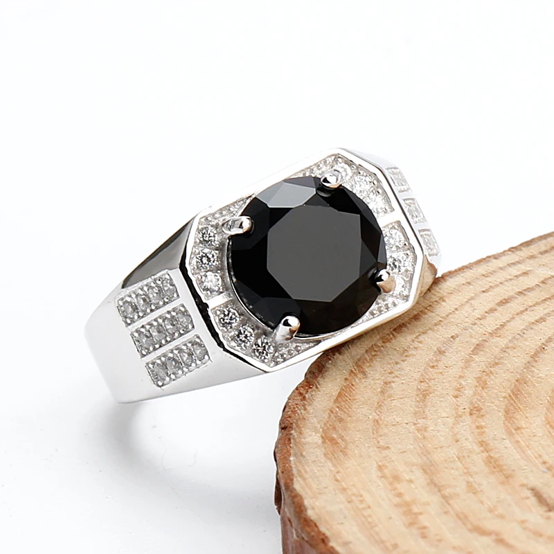 925 Sterling Silver Men Ring With Geometric Black Big Cz Stone Simple