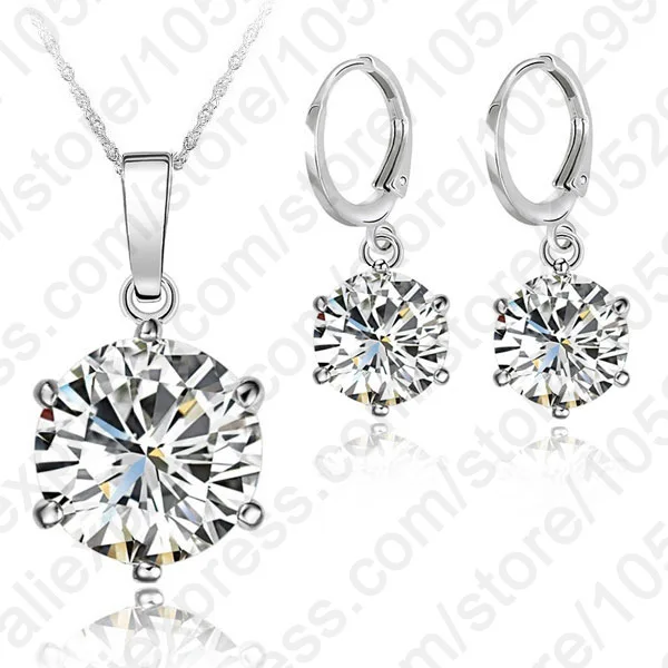 Hot Woman 925 Sterling Silver Jewelry Sets CZ Diamond Cubic Zircon Crystal Lever Back Earrings Pendant Necklace Nice Gifts