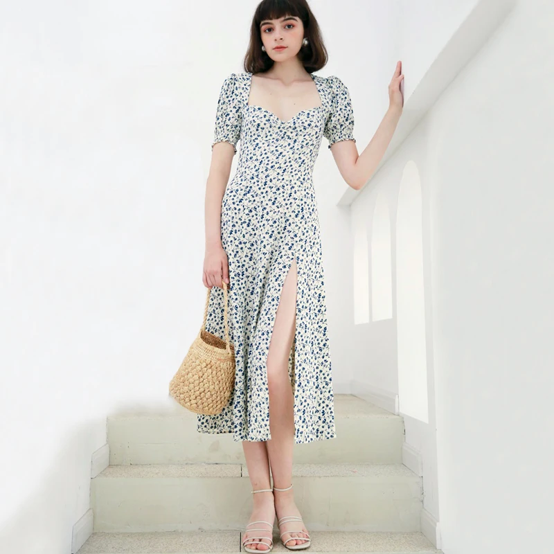 

2019 summer Women Vintage Sweetheart Neck Maxi Dress With Thigh Split In Blue Floral Print Beach long Vestidos