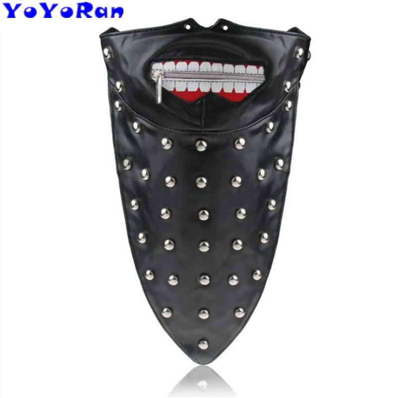 YOYORan PU leather tooth zipper face mask riding cycling triangular bandage cosplay party Costume Props button | Тематическая