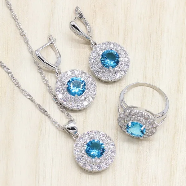 Небесно-голубые камни 925 серебряные ювелирные наборы для женщин круглая подвеска обручальные кольца серьги браслеты ювелирные изделия подарочная коробка - Окраска металла: 3PCS