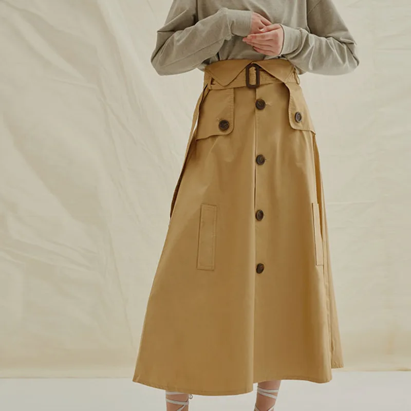 

[EWQ] New Autumn 2020 Fashion Khaki Temperament High Waist Lace Up Single Breasted fake packets loose A-line Skirt Women LA537