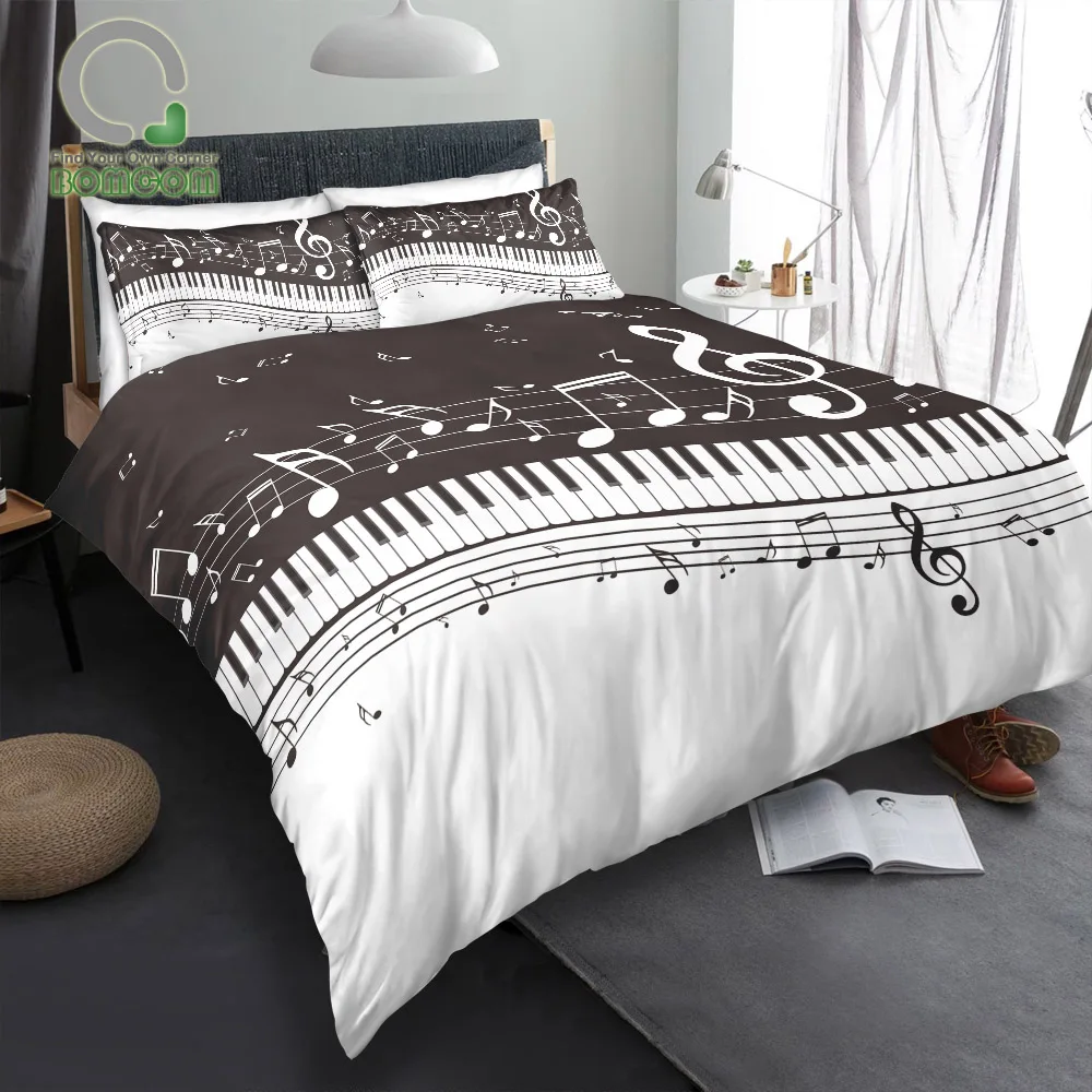 BOMCOM 3D Digital Printing Bedding Set Black Piano Keyboard Music Note Clef Staff 3-Pieces Duvet Cover Sets Microfiber