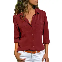 С длинным рукавом Базовые Рубашки для женщин для осень 2019 одноцветное Цвет V образным вырезом пикантные Топы корректирующие и блузки