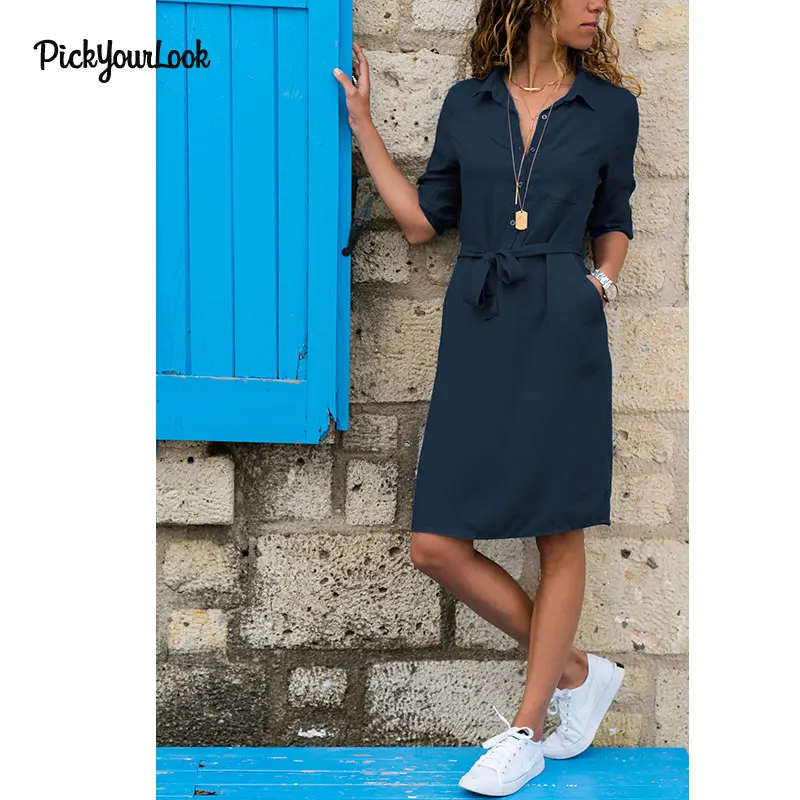 

Pickyourlook V-Neck Dress Shirt Women Casual Long Sleeve Streetwear Dress Turn-Down Female Mini Dress Solid Color Tunic Vestido