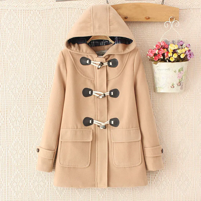 

Hooded Office Lady Women Woolen Jacket Coat Horn Button Casual Vintage Streetwear Female Coats 2019 Spring Autumn Woman Outwear