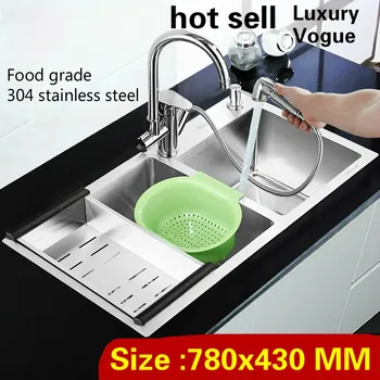 Best Free Shipping Luxury Big Kitchen Manual Sink Double Groove Multifunction Wash Vegetables Wogue 304 Stainless Steel 780x430 MM