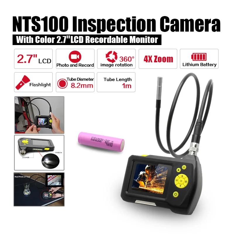

Dia 8.2mm 2.7" LCD NTS100 Endoscope Borescope 1M Snake Inspection Tube Camera DVR+Free 18650 Lithium Battery