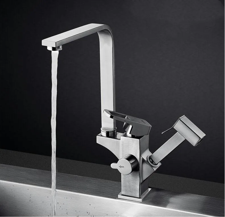 

Lead free health All Stainless steel square kitchen sink faucet Unique Rotatable Hot and cold water faucet with pull out sprayer