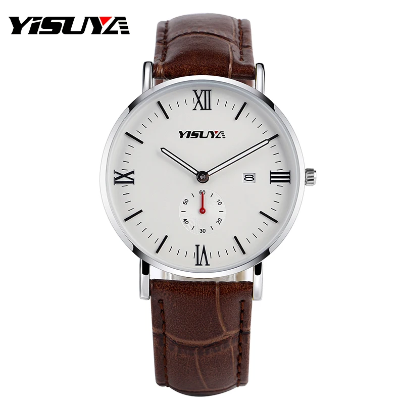 

YISUYA Genuine Leather Band Wrist Watch Date-Day Men Quartz Movement Watches Pin Buckle Aviator Relogio Masculino