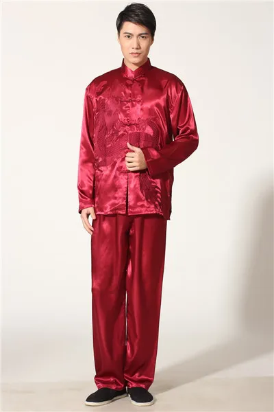 Новинка черный мужской вышитый дракон Кунг фу костюм Китайский Мужской Атласный Тай Чи униформа одежда S M L XL XXL M051-3 - Цвет: Red