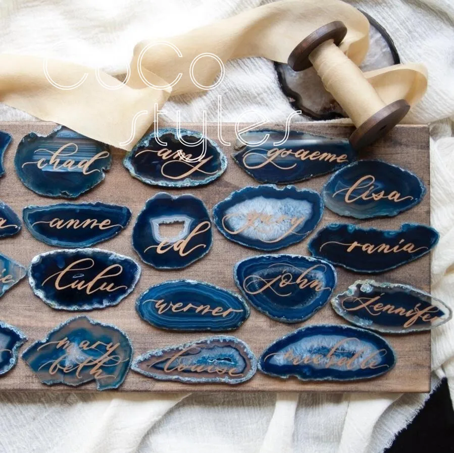 blue marble place card for wedding date