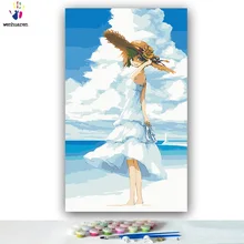 DIY цвета картины по номерам с цветами девушка носить соломенную шляпу по морю Картина Рисунок Живопись по номерам Обрамленный дом